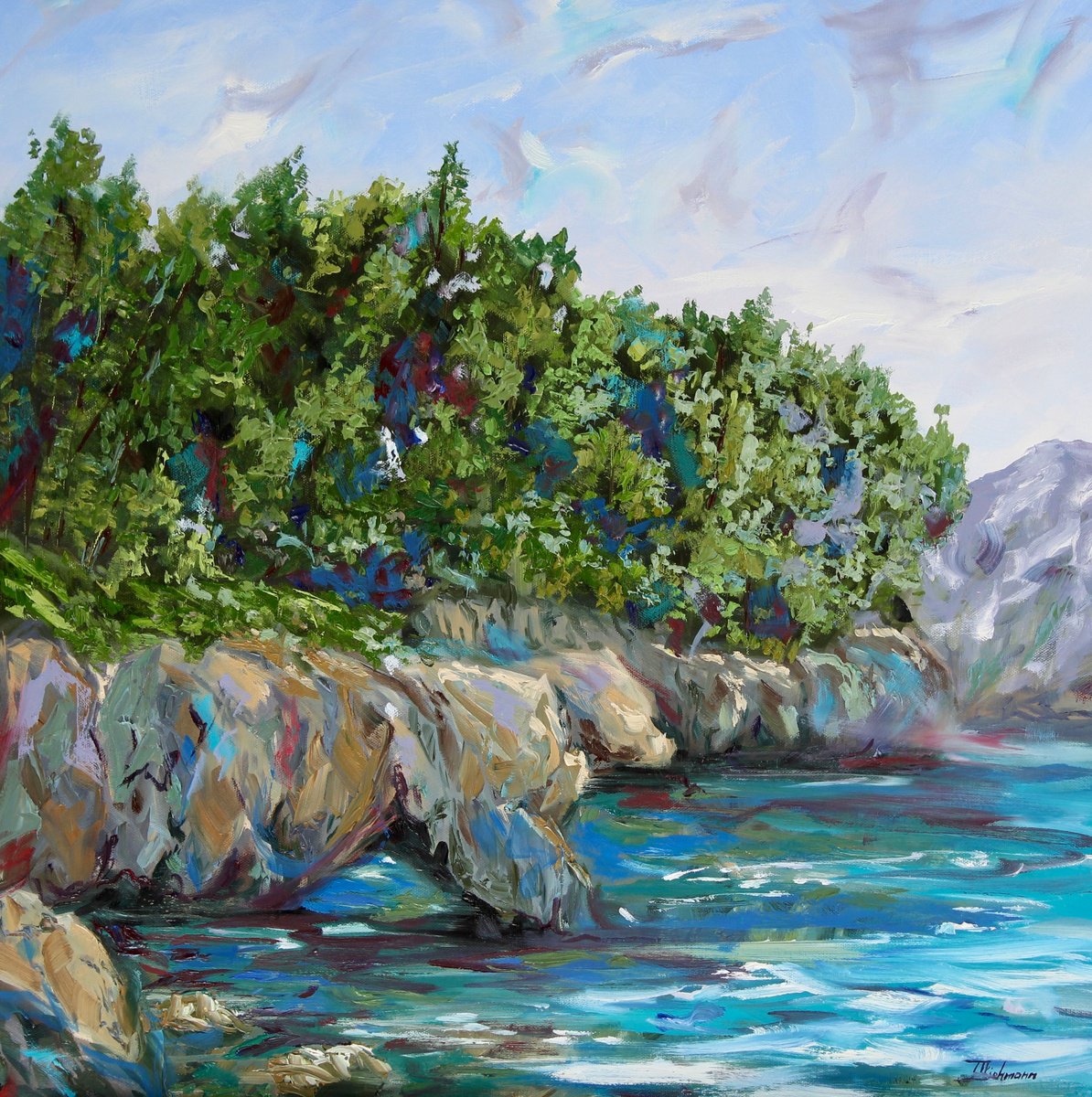 Expressive Landscape Oil Painting By Liza Illichmann, 24 X 24", Wild Nature Of Greece, Original Artwork