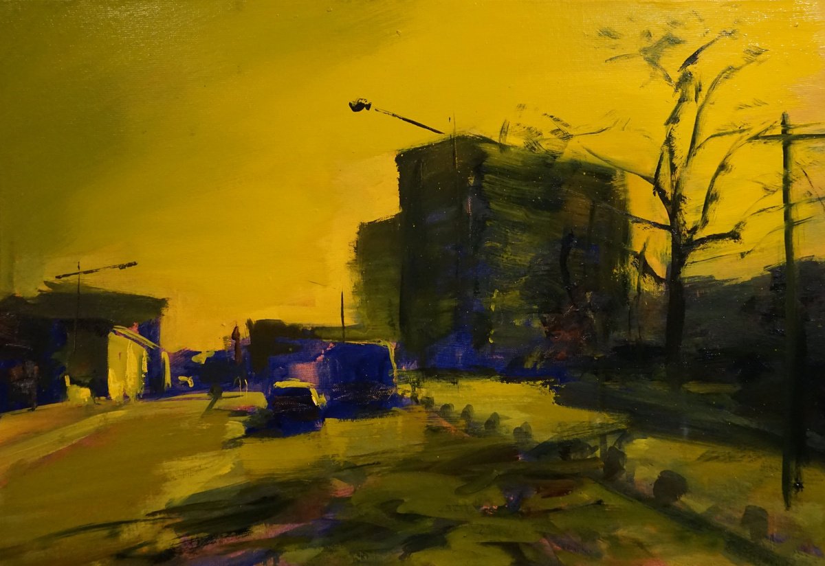 Expressive Cityscapes Oil Painting By Manuel Leonardi, 29 X 20", Yellow Winter, Original Artwork