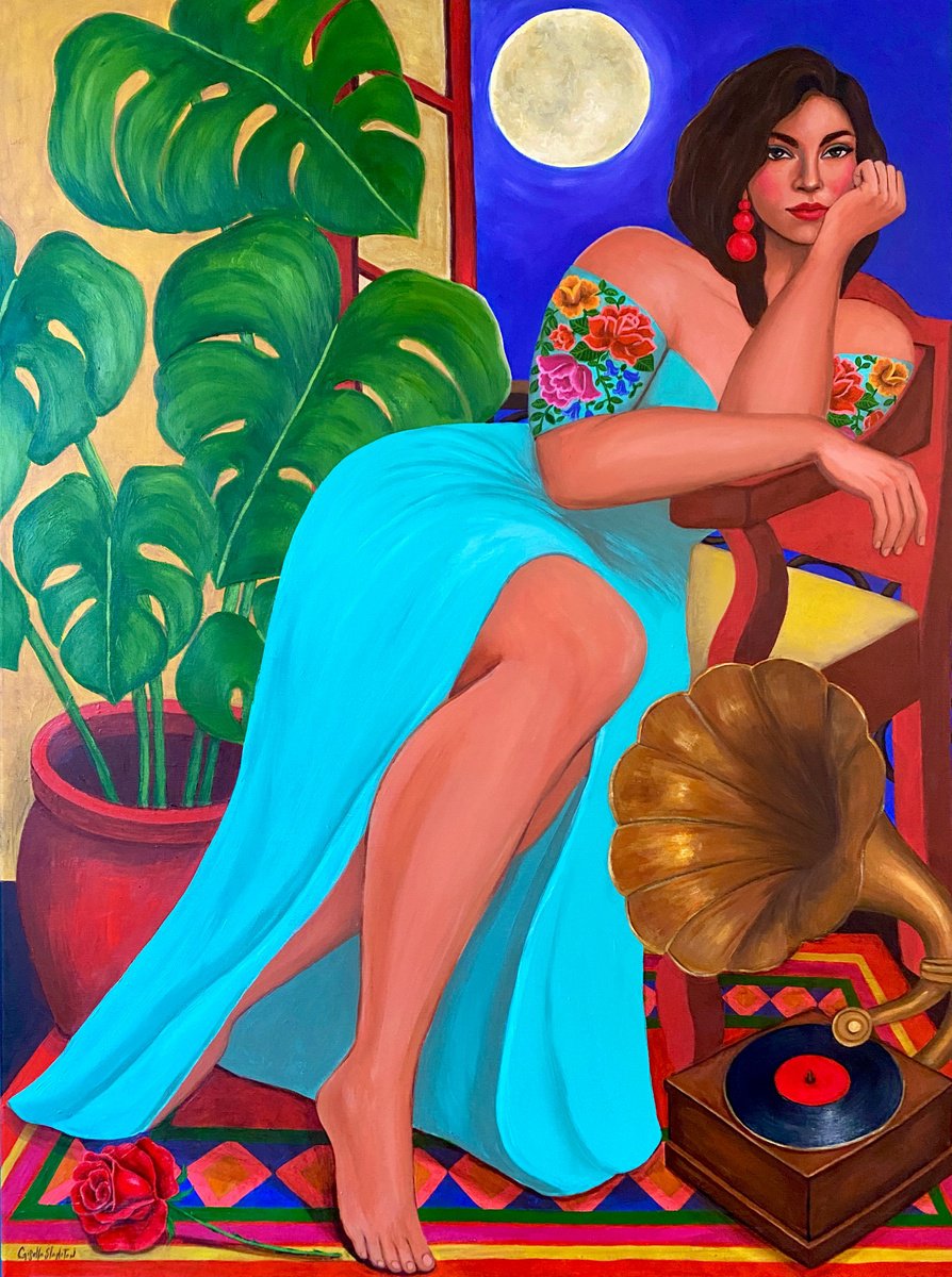 Expressive Portrait Acrylic Painting By Gisella Stapleton, 30 X 40, Moon Light Reverie, Original Artwork