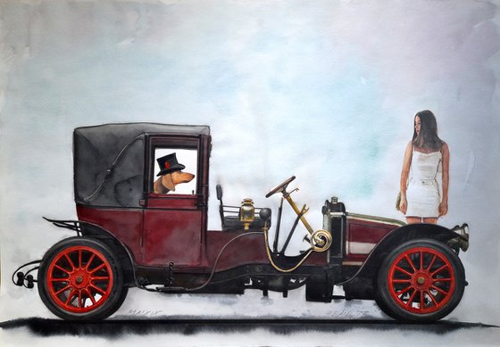Teckel (dachshund) in Retro car (1910 Renault Landaulette) and Girl