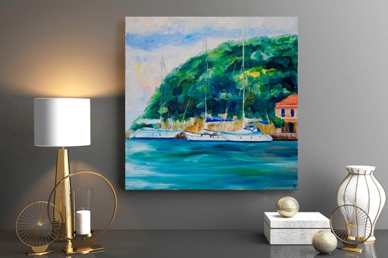 Ships oil painting, seascape original canvas art, Greece landscape artwork