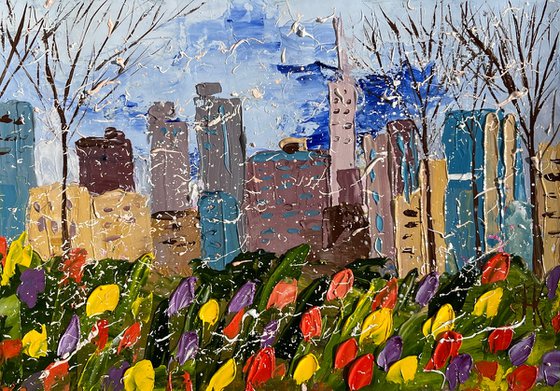 New York Painting Cityscape Original Art Tulips Oil Artwork NYC Home Wall Art 12 by 8" by Halyna Kirichenko