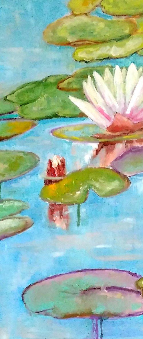 Nympheas 2, Nympheas Water Lily Painting Original Art Lotus Floral Wall Art Monet Pond Landscape, 50x50 cm, ready to hang. by Yulia Berseneva