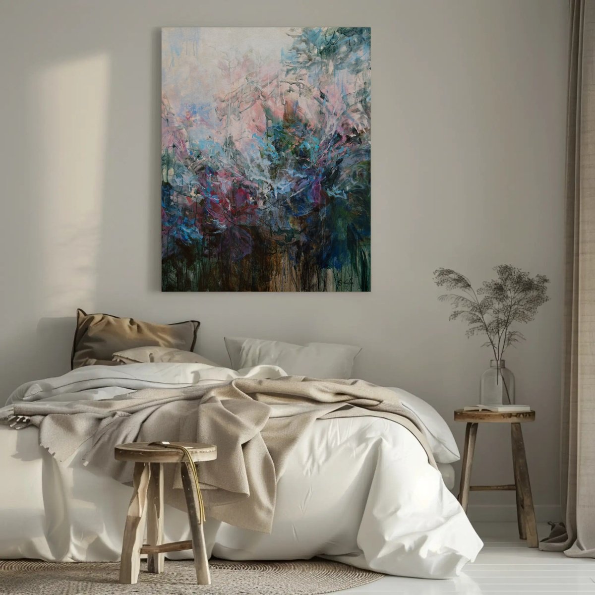 Abstract Botanical Acrylic Painting By Katia Solodka, 31 X 39", Ephemeral Echoes 2, Original Artwork