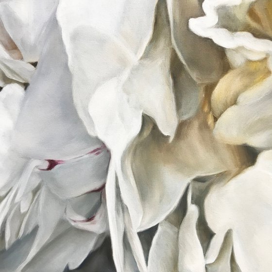 Large square oil painting with white peonies 90 * 90 cm