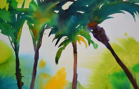 Abstract tropical trees original watercolor painting Spanish green forest