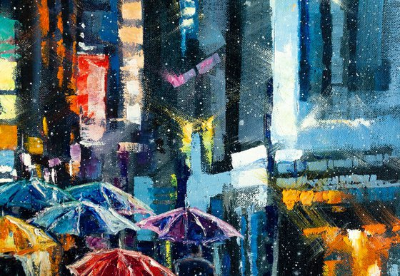 "Street of the night city" people with umbrella , original oil painting