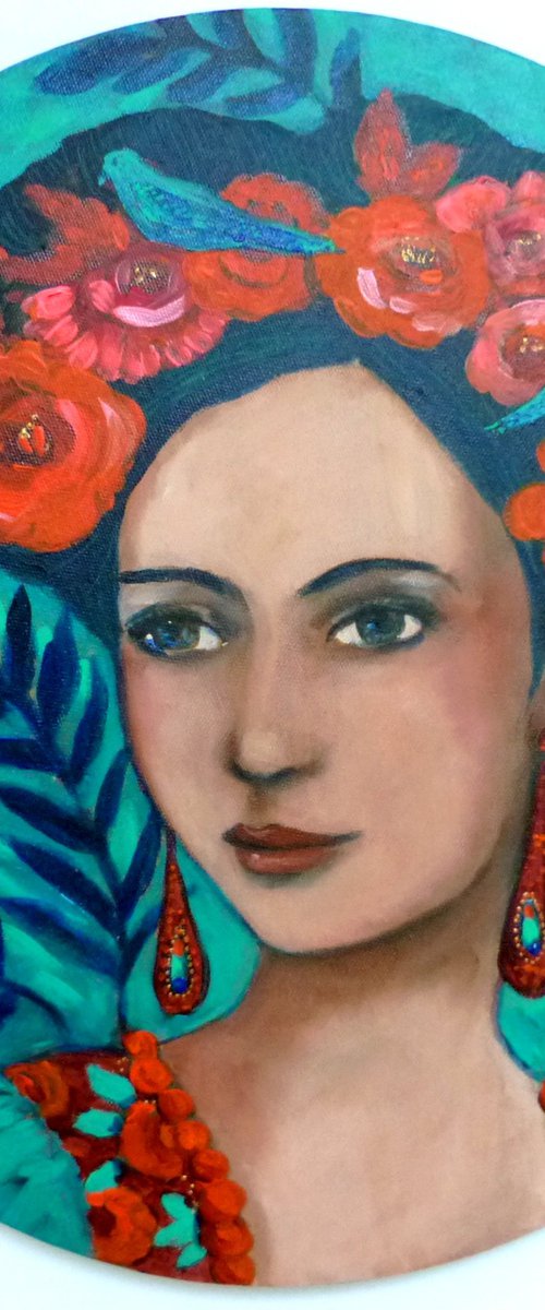 Inspiration Frida Kahlo, portrait of woman with flowering hair. Tondo 40 cm by Loetitia Pillault
