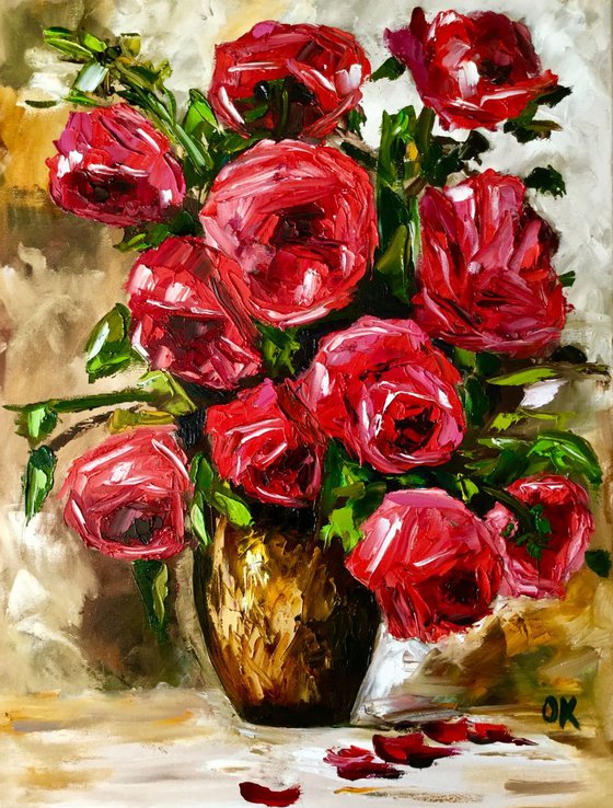 BOUQUET OF RED ROSES  palette knife modern red pink still life  flowers Dutch style office home decor gift