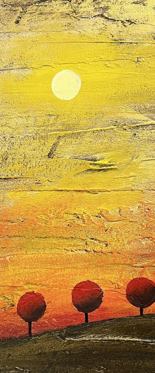 Red Tree Hill in acrylic and mixed medium abstract landscape by Stuart Wright
