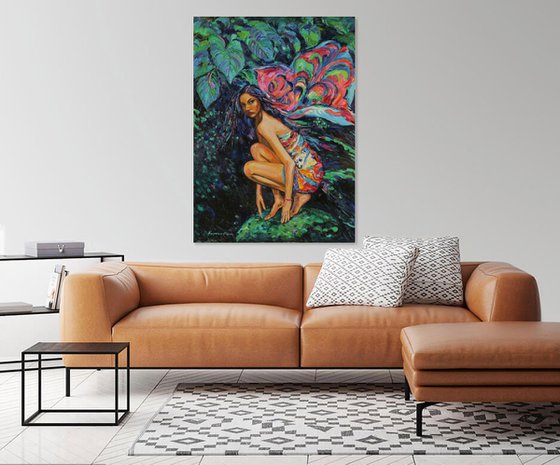 MOTH - Virgo zodiac sign - fgurative original oil painting, large, deep blue, butterfly