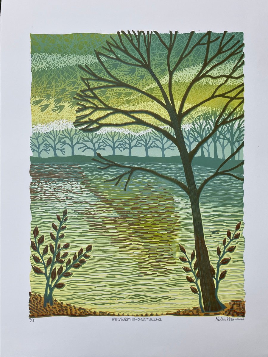 Impressionistic Landscape Linocut By Helen Maxfield, 15 X 20, Murmuration Over The Lake, Original Artwork