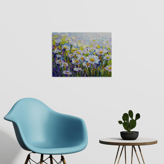 Daisies painting, Chamomiles flowers white daisies blooming original impasto oil canvas artwork