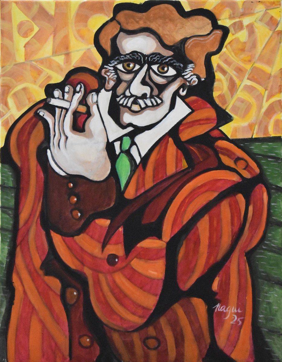 Expressive Portrait Acrylic Painting By Nagui, 16 X 20", Guard On Cigarette Break, Original Artwork