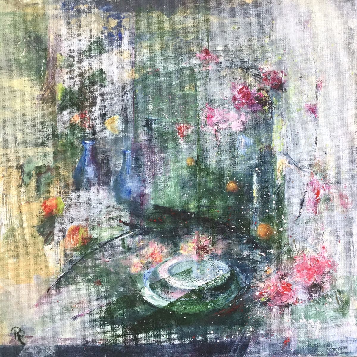 Expressive Still Life Oil Painting By Rebecca Pells, 10 X 10", Untitled - With Plates, Original Artwork
