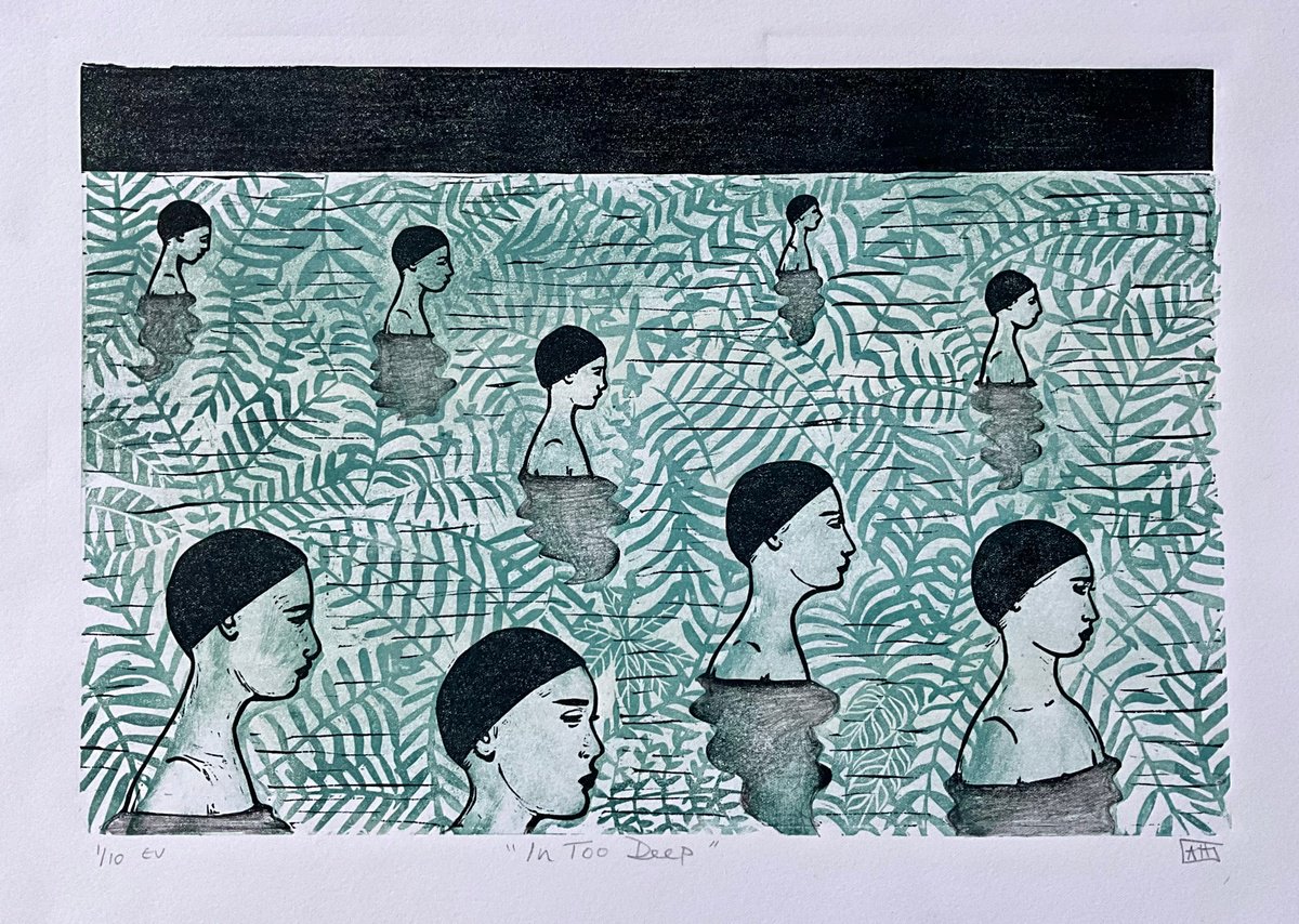 Expressive Landscape Linocut By Alison Headley, 15 X 11, In Too Deep ( Green Grey), Original Artwork