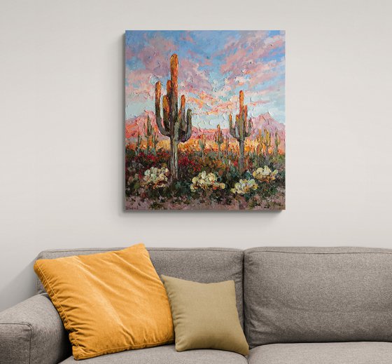 Cacti in the Desert at Sunset