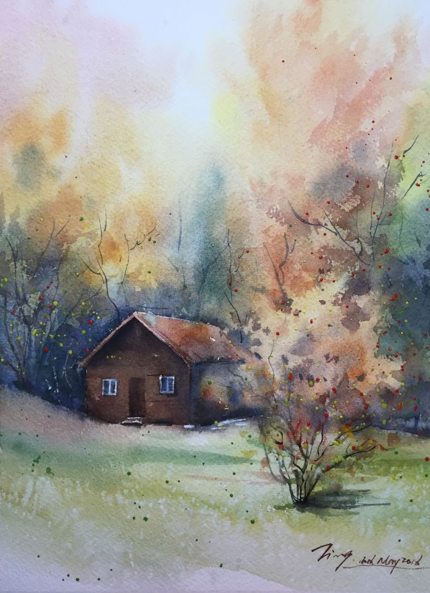Impressionistic Landscape Watercolour By Jing Chen, 11 X 15, Forest Hut, Original Artwork
