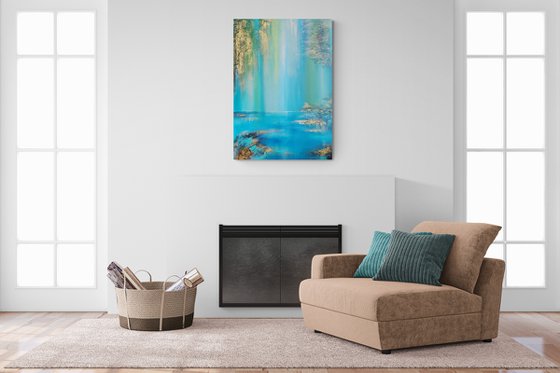 A XL large semi-abstract beautiful structured mixed media painting of a lake "Under the willow"