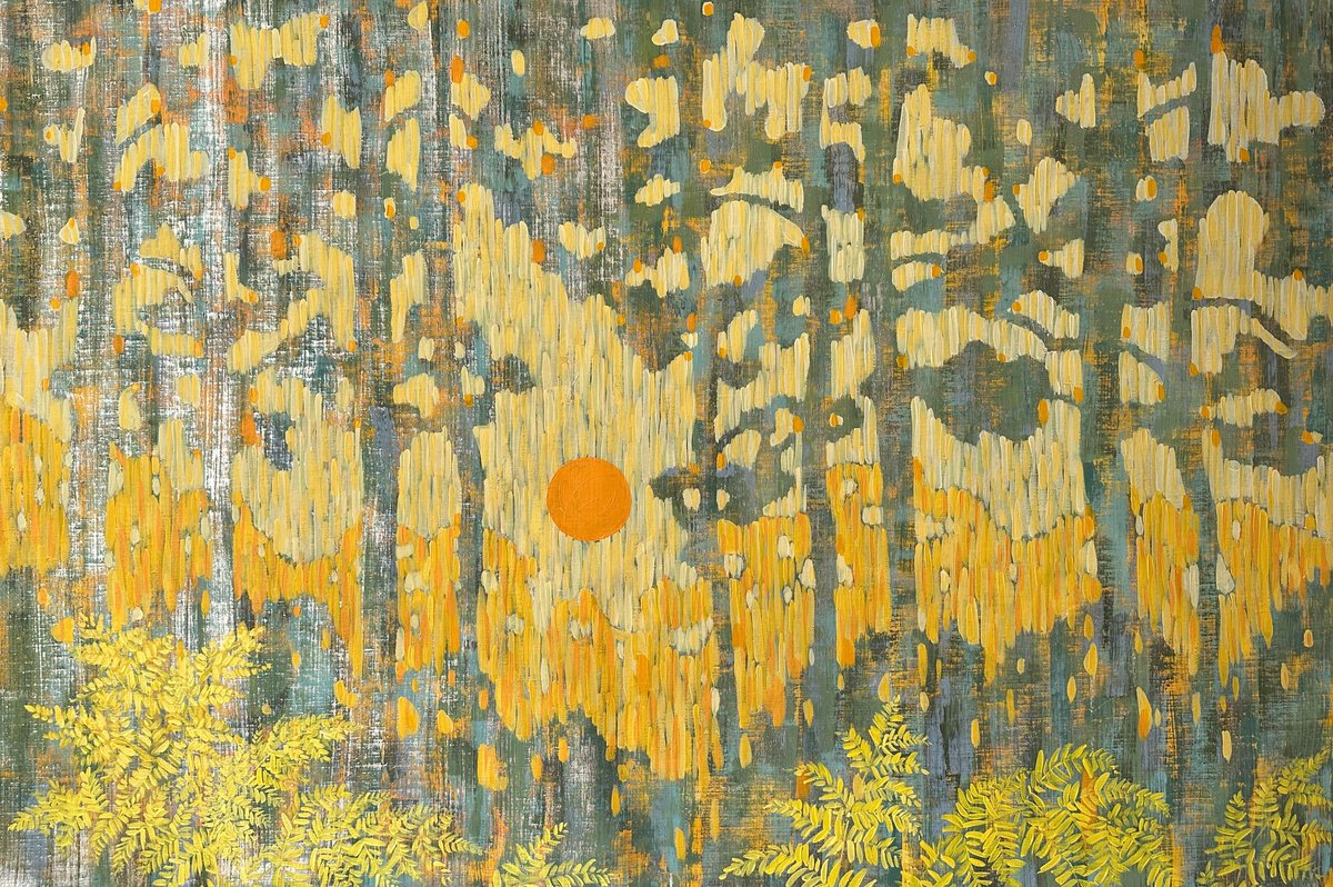 Illustrative Landscape Acrylic Painting By Ekaterina Prisich, 55 X 35, Among The Pines And Ferns, Original Artwork