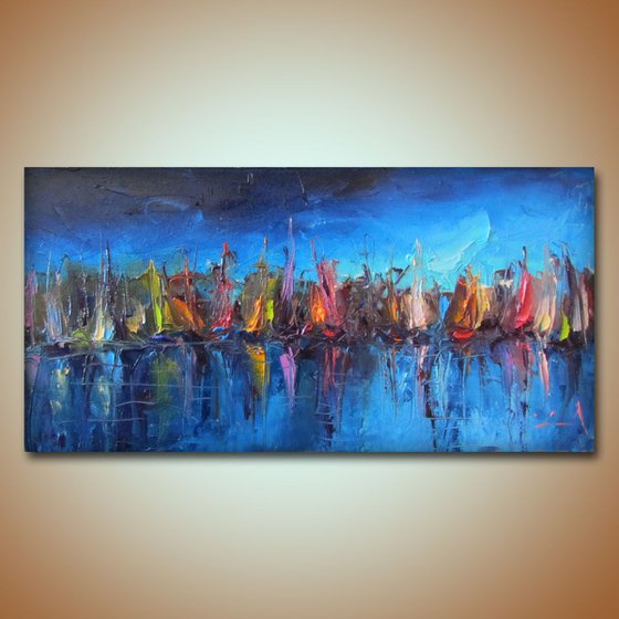 Sea charts-4, Abstract Sailboats, Modern seascape Oil painting, Free shipping