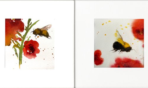 Four Bees & Red Flowers by Teresa Tanner