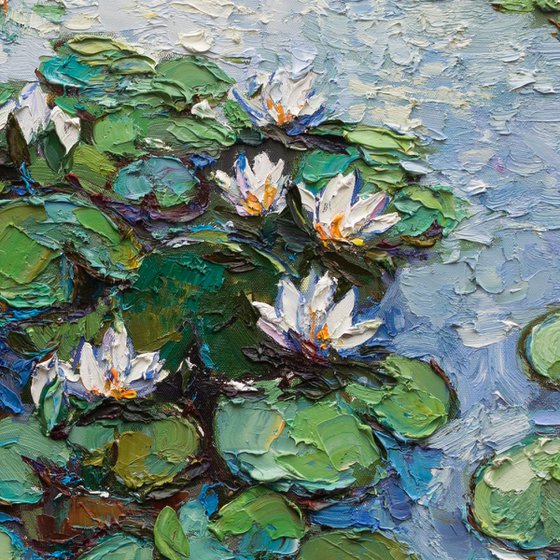 White Water Lilies - Large Original Oil painting 120 x 70 cm