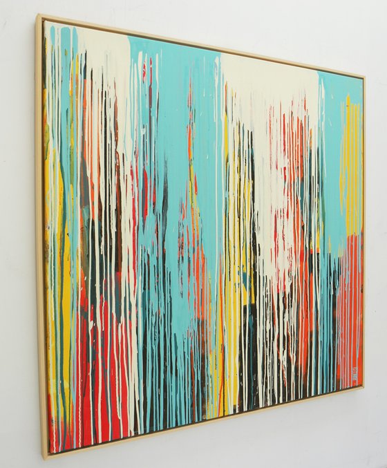 Tip Top Drips Orange and Blue XL - 125x125cm - Incl. Frame - Ronald Hunter - 03M
