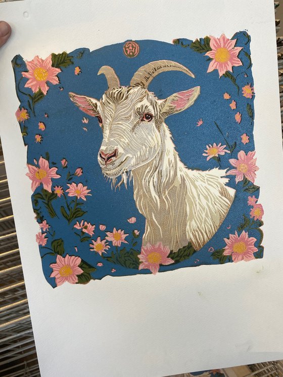 Goat – reduction linocut print