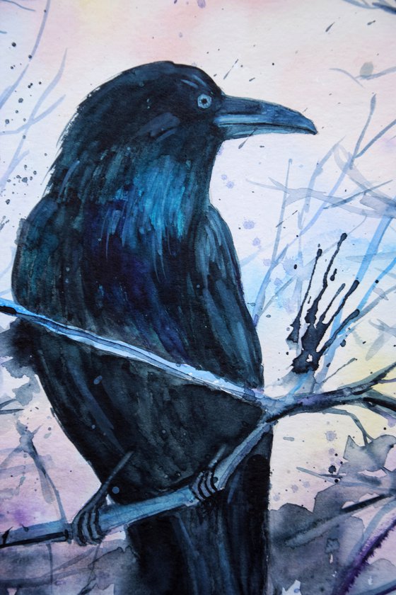 Raven watercolor painting, black crow wall art, gothic home decor, Halloween gift