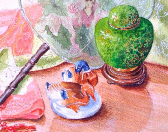 Oriental Still Life with Fan and Ginger Jar