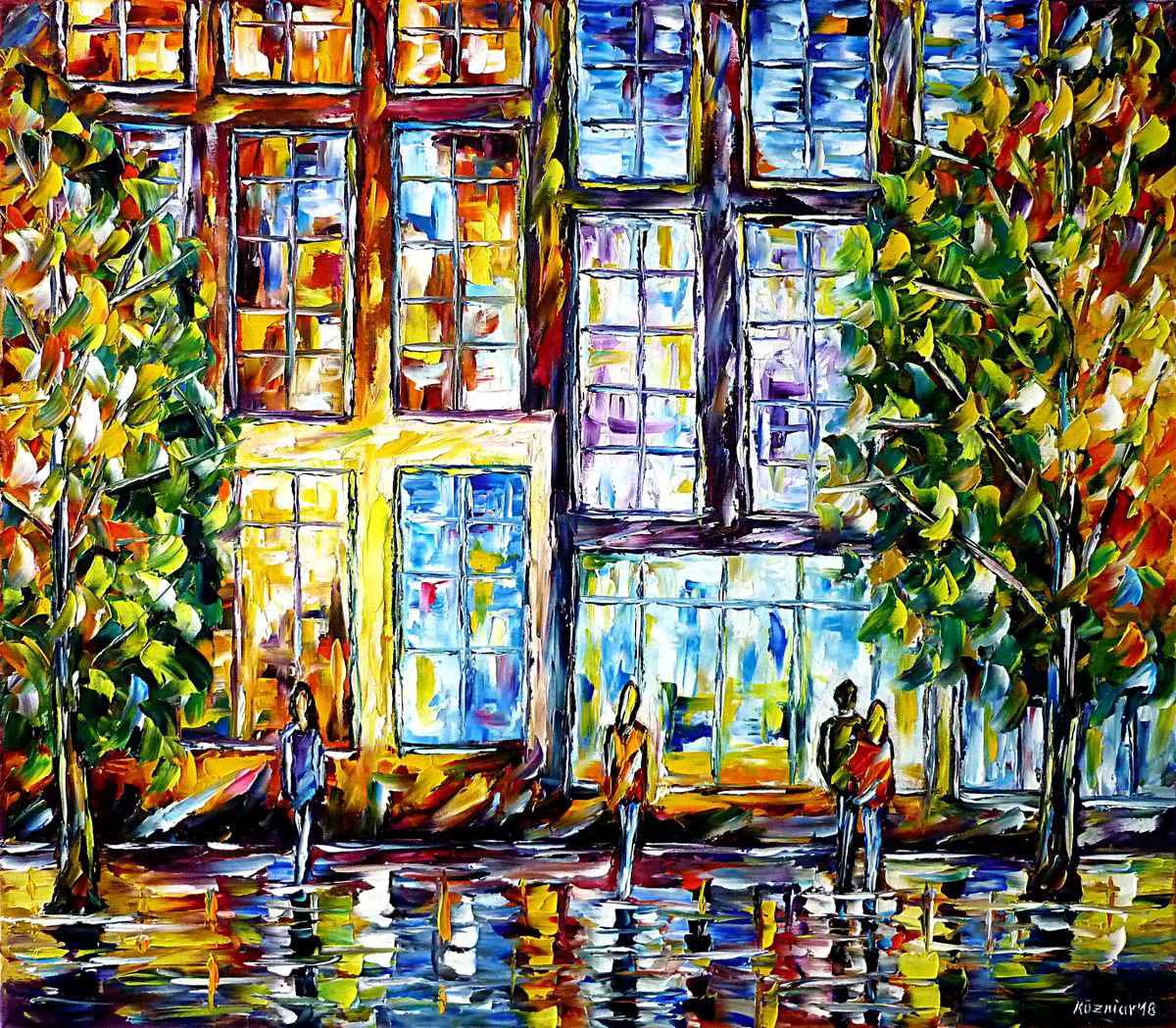 Expressive Cityscapes Oil Painting By Mirek Kuzniar, 31 X 28", Shop Windows In Big City, Original Artwork