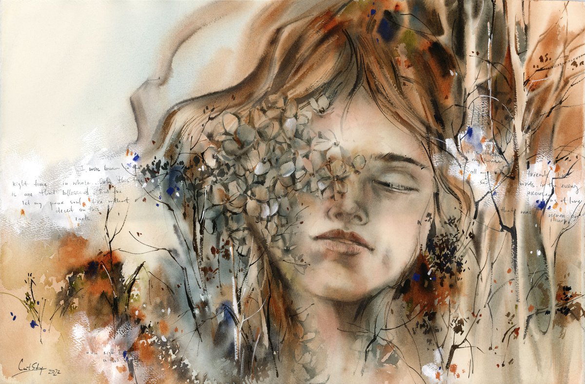 Surrealistic Portrait Watercolour By Sophie Rodionov, 22 X 15", I Was Born In The Right Time, Original Artwork