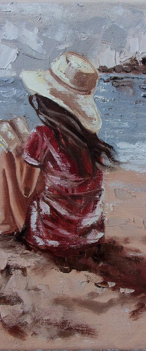 " BOOK LOVER ... XI " original painting sea summer palette knife GIFT brown by Monika Luniak