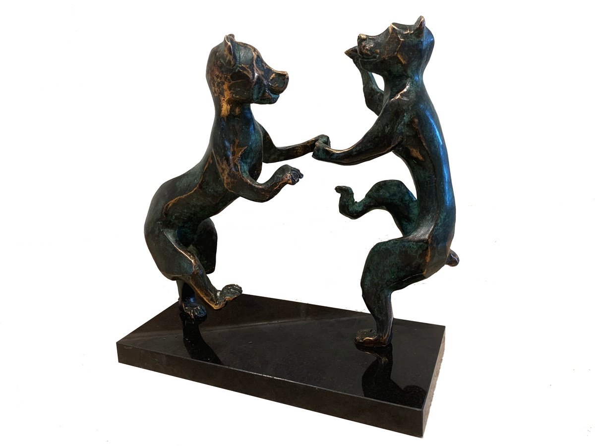 Expressive Animal Bronze Sculpture By Toth Kristof, 10 X 10", Bear Dance, Original Artwork