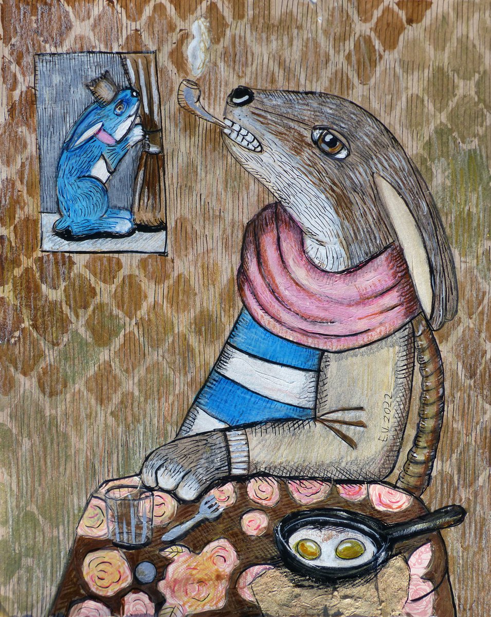 Naive Animal Painting By Elizabeth Vlasova, 11 X 14, Dreamy Bunny, Original Artwork