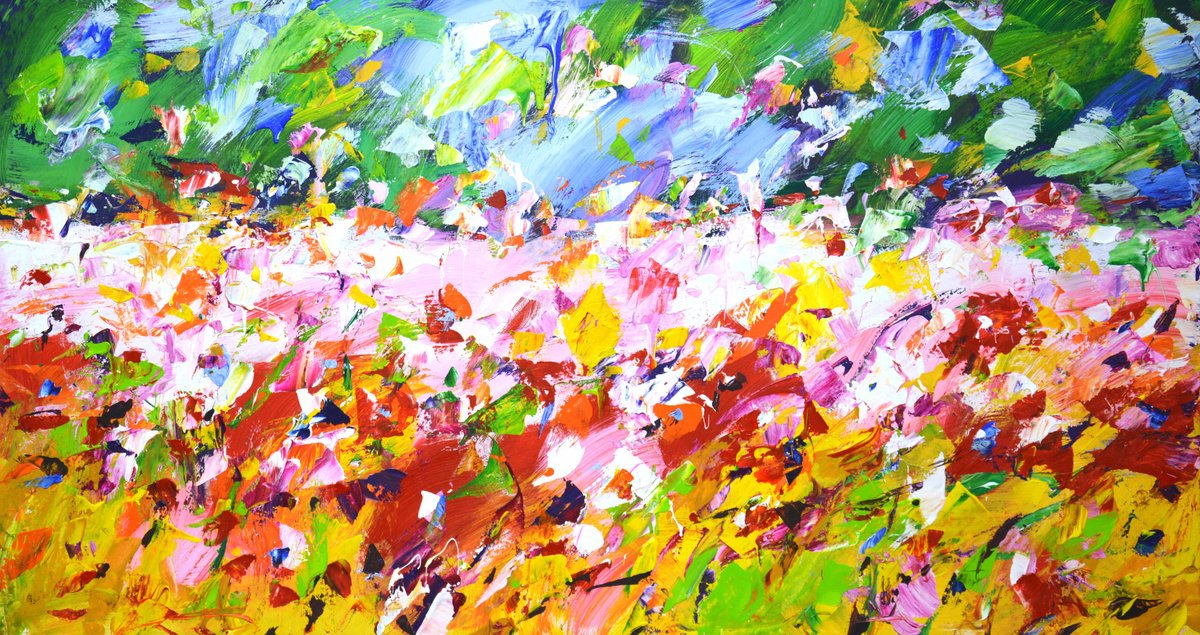 Expressive Botanical Acrylic Painting By Iryna Kastsova, 47 X 24, Summer. Flower Field 17., Original Artwork