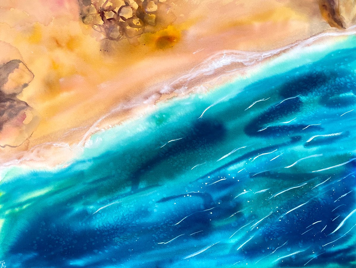 Ocean Original Watercolor Painting, Beach Wall Art, Coastal Landscape Artwork, Large Aeria... by Kate Grishakova