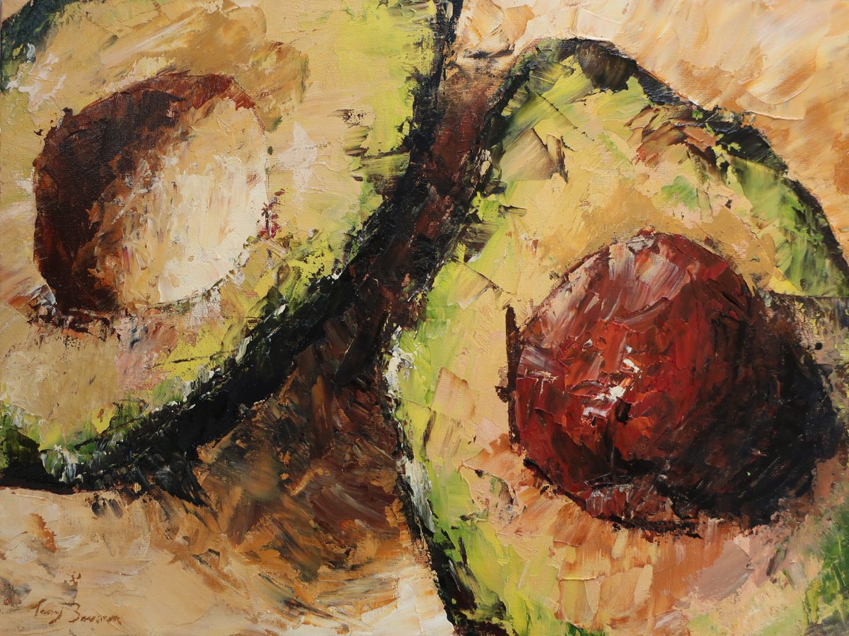Impressionistic Still Life Acrylic Painting By Tony Berriman, 16 X 12", Avocado, Original Artwork