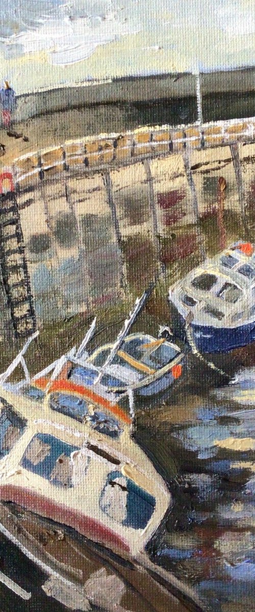 Boats at moorings, painting by Julian Lovegrove Art