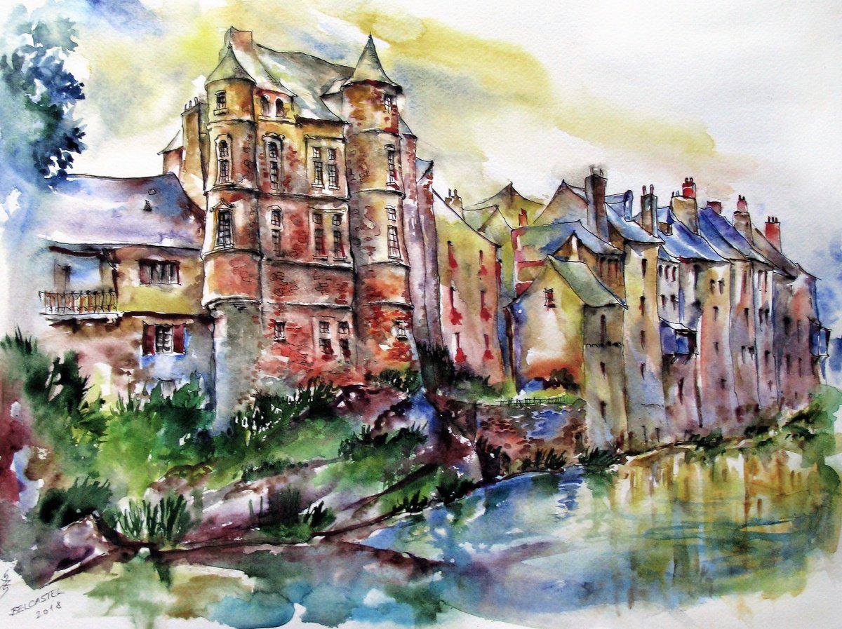 Impressionistic Cityscapes Watercolour By Szekelyhidi Zsolt, 19 X 14", Belcastel In France No.2, Original Artwork