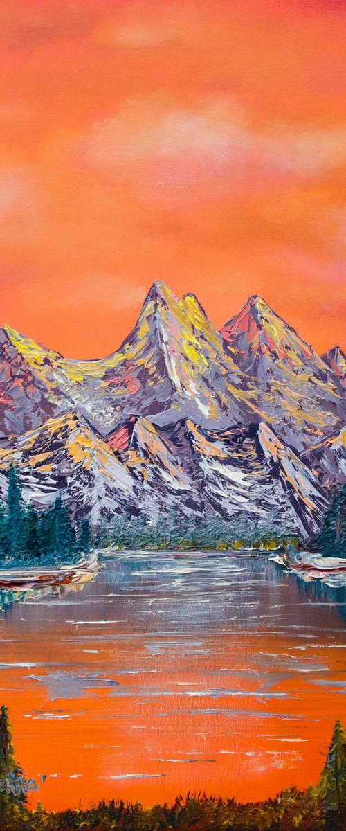 Mountains landscape at sunset - original oil painting by Nino Ponditerra