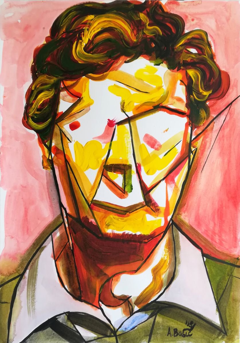 Geometric Portrait Painting By Aleksandar Basic, 12 X 17, Amedeo Modigliani, Original Artwork