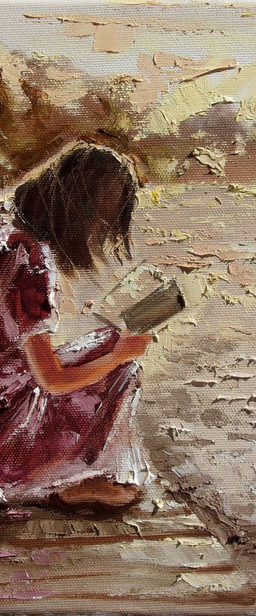 " BOOK LOVER ... VI " original painting LAKE SPRING palette knife GIFT GREEN by Monika Luniak