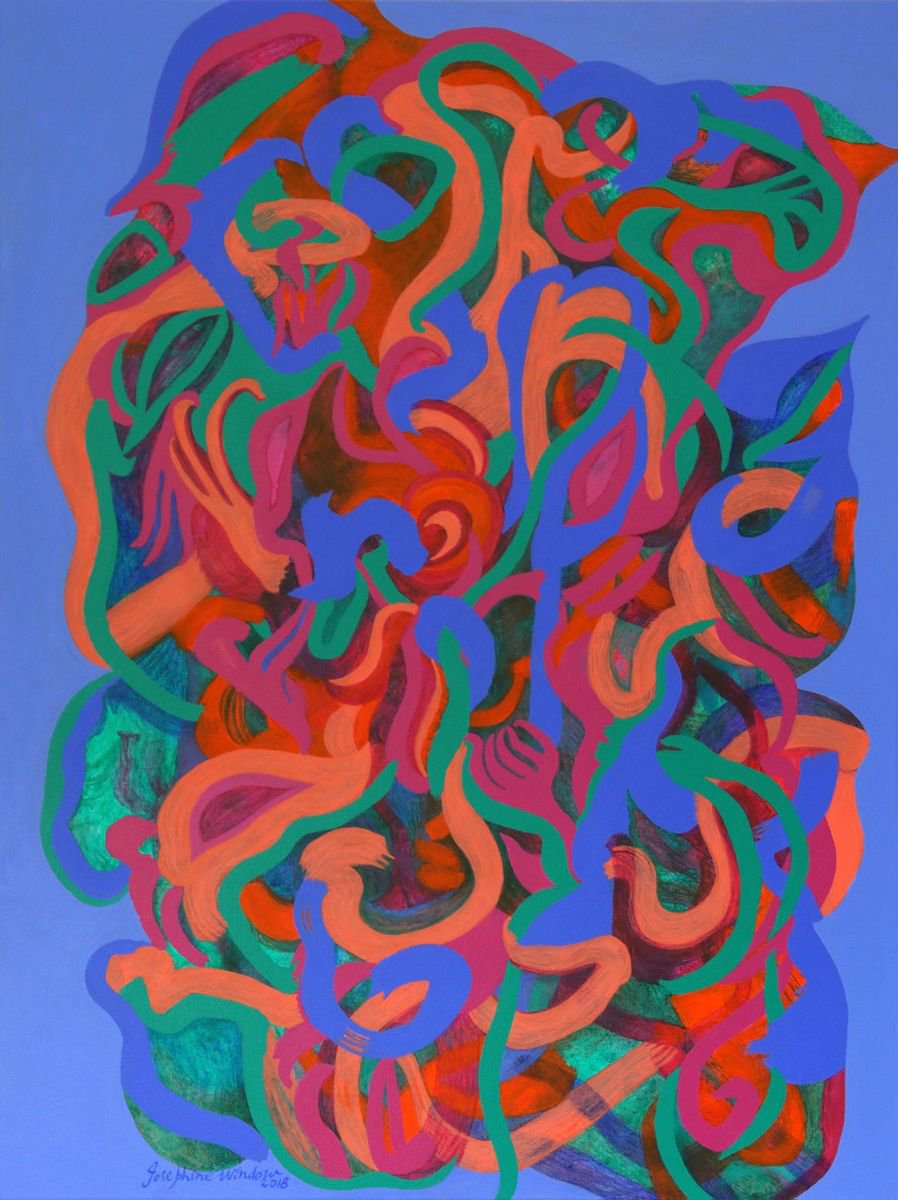 Expressive Abstract Acrylic Painting By Josephine Window, 30 X 40", Blue Flower Dance, Original Artwork