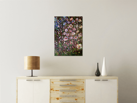 Spring blooming, acrylic floral painting, palette knife