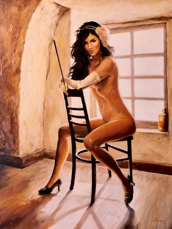 Nude woman with a mouthpiece, Romantic oil on canvas painting, canvas print.