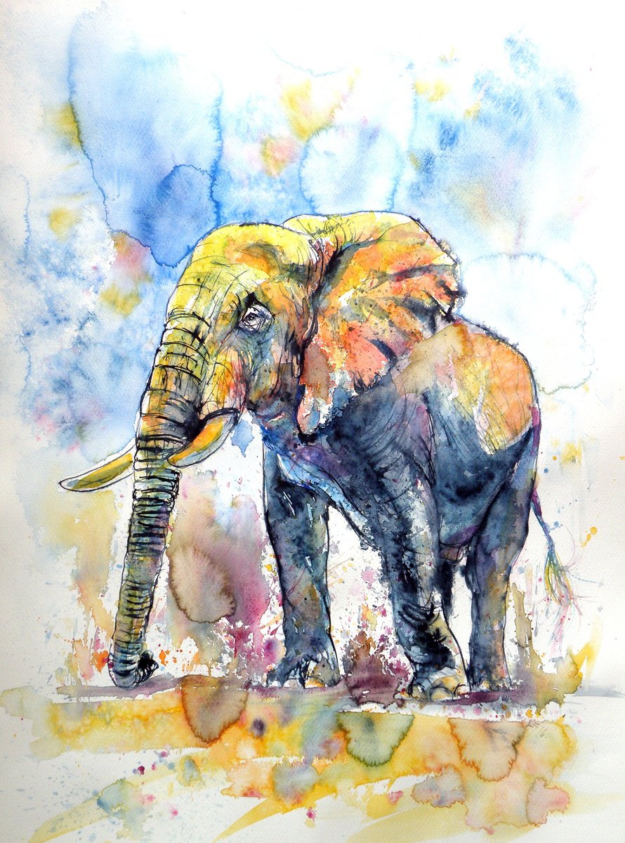 Impressionistic Watercolour , Big Elephant By Kovacs Anna Brigitta, 20 X 28, Artwork For Sale On Artfinder