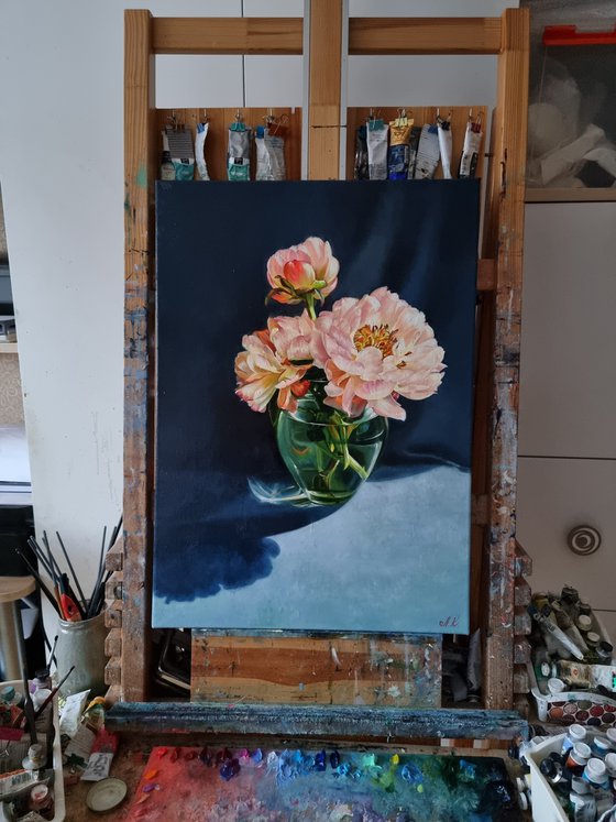 "Coral flashes. " peonies  flower  liGHt original painting  GIFT (2021)