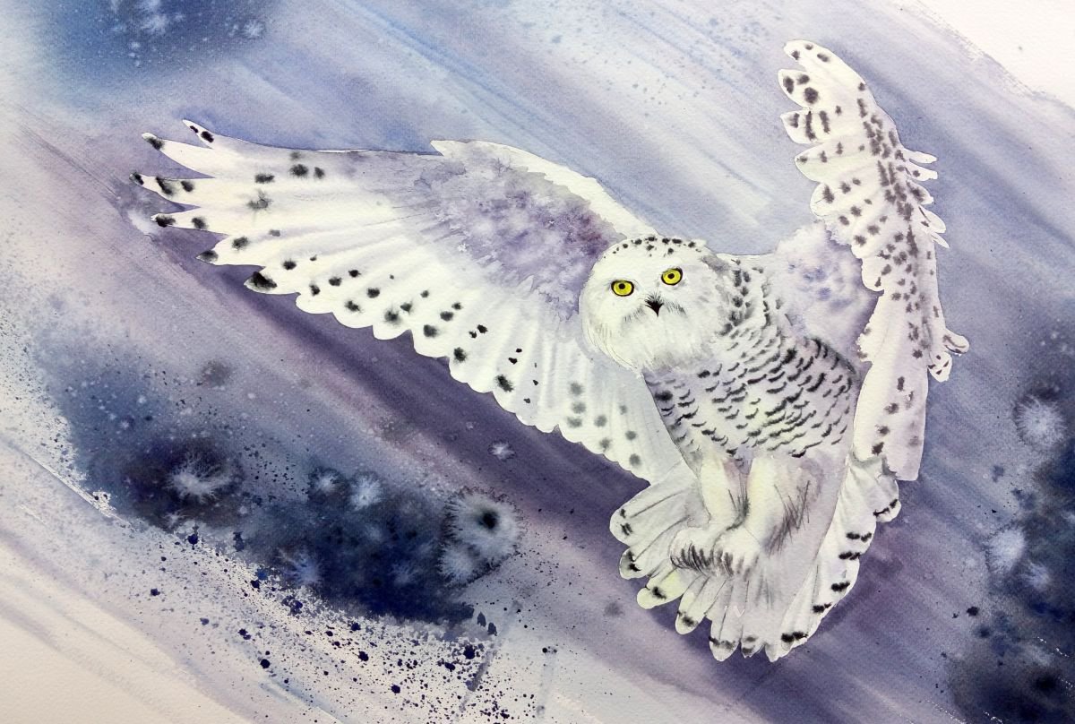 RESERVED - Snowy Owl Flying In Snow Storm Watercolour by Olga Beliaeva  Watercolour | Artfinder